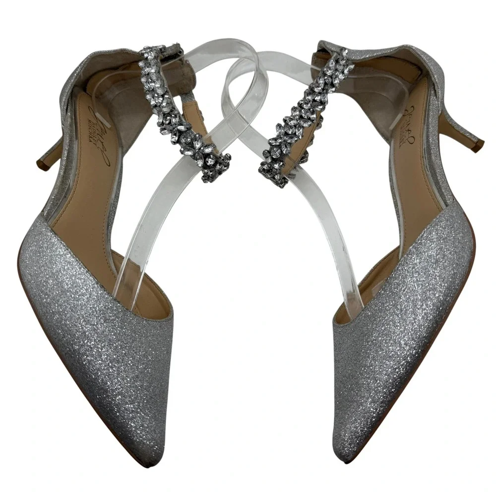Jewel‎ Badgley Mischka Robles Kitten Heel Silver Glitter Crystal Ankle Strap 8.5
